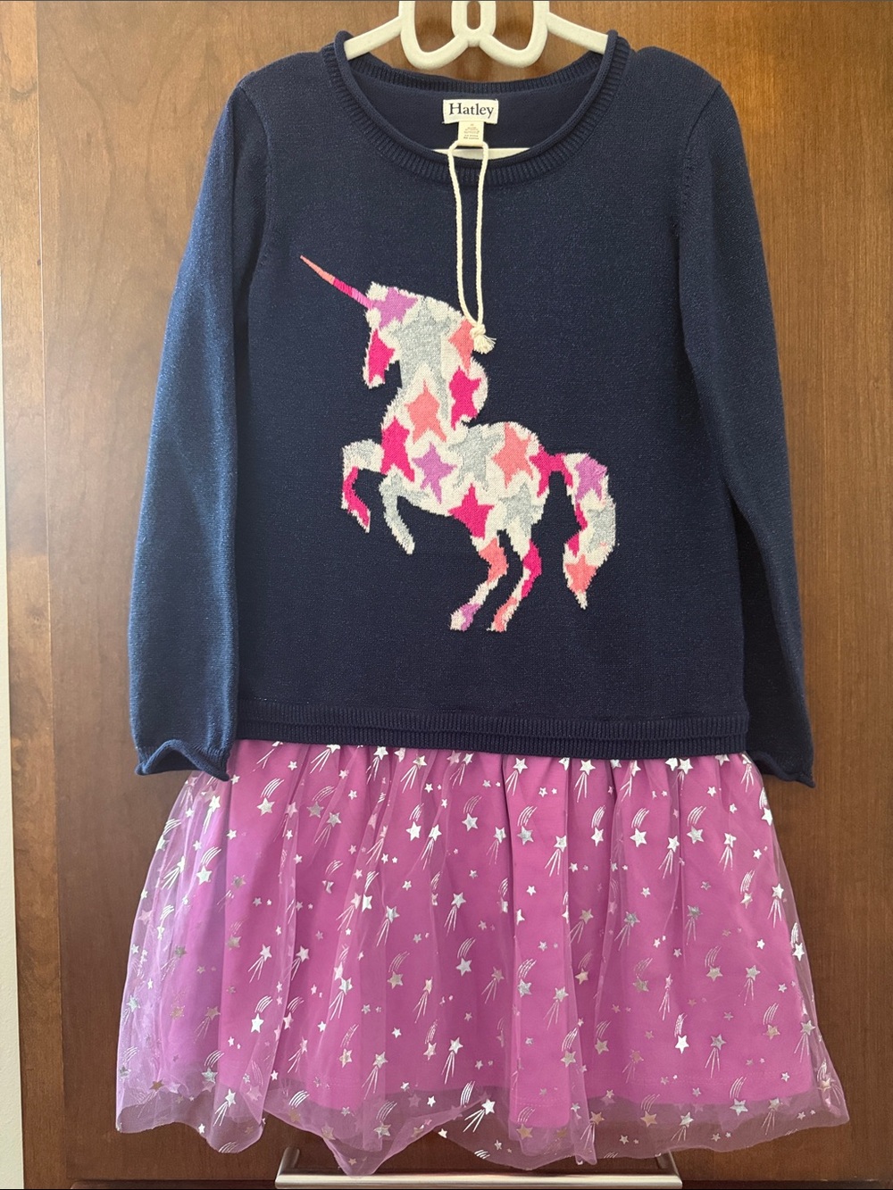 NWOT Hatley Navy Sweater Dress with Pink Star Tulle Skirt and Unicorn Motif